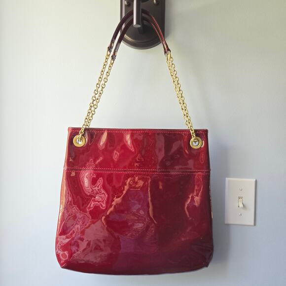 Coach Poppy Embossed Crimson Patent Leather Chain Strap Slim Tote Shoulder Bag - Picture 2 of 10